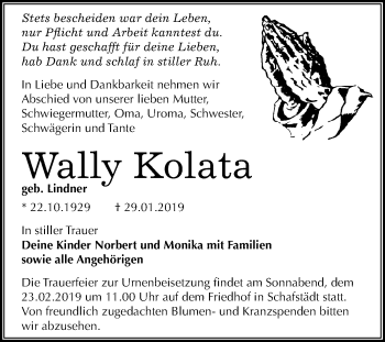 Traueranzeige von Wally Kolata von WVG - Wochenspiegel Merseburg