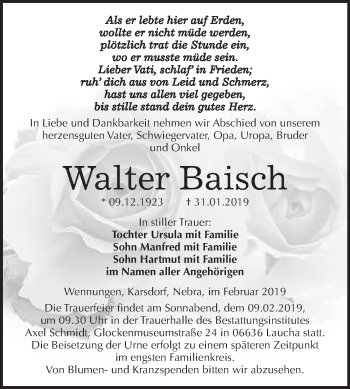 Traueranzeige von Walter Baisch von WVG - Wochenspiegel NMB / WSF / ZTZ
