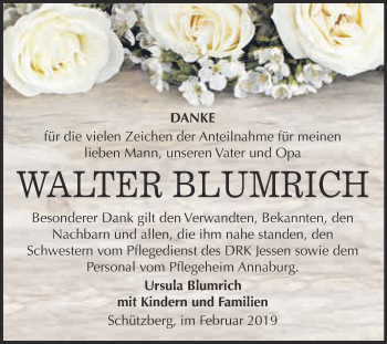 Traueranzeige von Walter Blumrich von WVG - Wochenspiegel Wittenberg