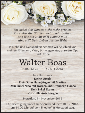 Traueranzeige von Walter Boas von Mitteldeutsche Zeitung Wittenberg
