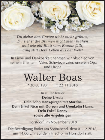 Traueranzeige von Walter Boas von WVG - Wochenspiegel Wittenberg