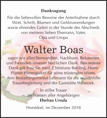 Traueranzeige von Walter Boas von WVG - Wochenspiegel Wittenberg