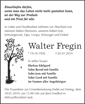 Traueranzeige von Walter Fregin von WVG - Wochenspiegel Merseburg