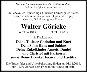 Traueranzeige von Walter Göricke von WVG - Wochenspiegel Dessau / Köthen