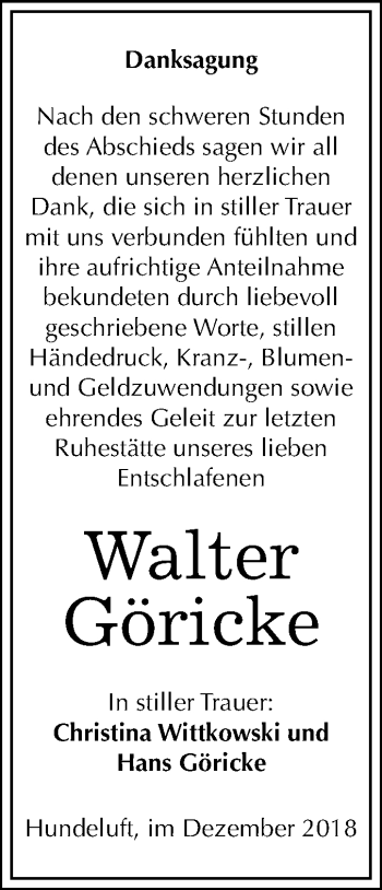 Traueranzeige von Walter Göricke von WVG - Wochenspiegel Dessau / Köthen