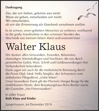 Traueranzeige von Walter Klaus von Mitteldeutsche Zeitung Sangerhausen