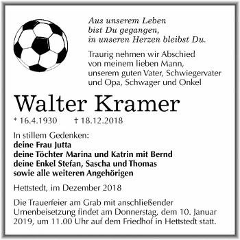 Traueranzeige von Walter Kramer von Wochenspiegel Mansfelder Land