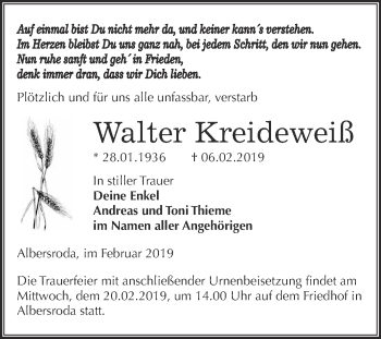 Traueranzeige von Walter Kreideweiß von WVG - Wochenspiegel Merseburg