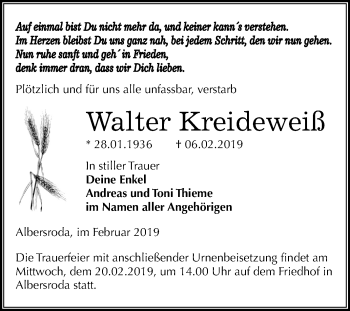 Traueranzeige von Walter Kreideweiß von Mitteldeutsche Zeitung Merseburg/Querfurt
