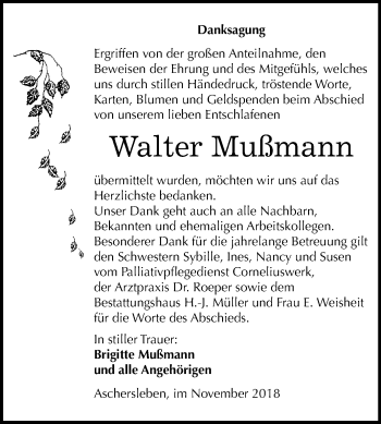 Traueranzeige von Walter Mußmann von Mitteldeutsche Zeitung Aschersleben