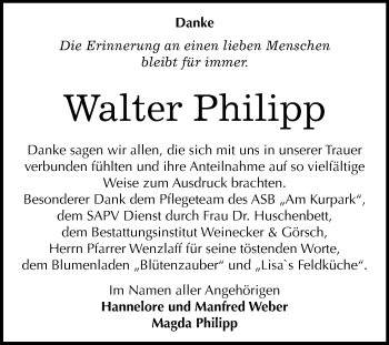Traueranzeige von Walter Philipp von Mitteldeutsche Zeitung Bernburg