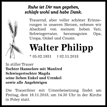 Traueranzeige von Walter Philipp von Mitteldeutsche Zeitung Bernburg