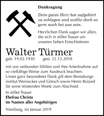 Traueranzeige von Walter Türmer von Mitteldeutsche Zeitung Bernburg