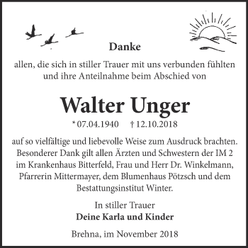 Traueranzeige von Walter Unger von WVG - Wochenspiegel Bitterfeld