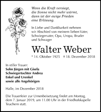 Traueranzeige von Walter Weber von WVG - Wochenspiegel NMB / WSF / ZTZ