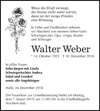 Traueranzeige von Walter Weber von Mitteldeutsche Zeitung Weißenfels