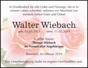 Traueranzeige von Walter Wiebach von Wochenspiegel Mansfelder Land