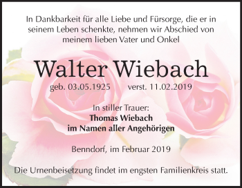 Traueranzeige von Walter Wiebach von Mitteldeutsche Zeitung Mansfelder Land