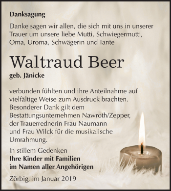 Traueranzeige von Waltraud Beer von Mitteldeutsche Zeitung Bitterfeld