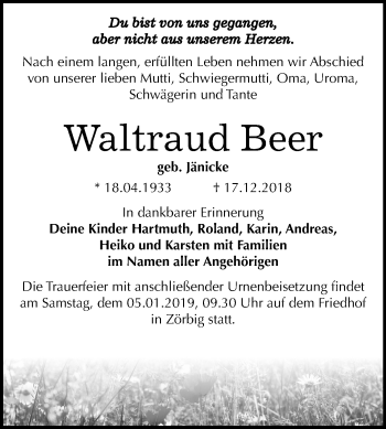 Traueranzeige von Waltraud Beer von Mitteldeutsche Zeitung Bitterfeld