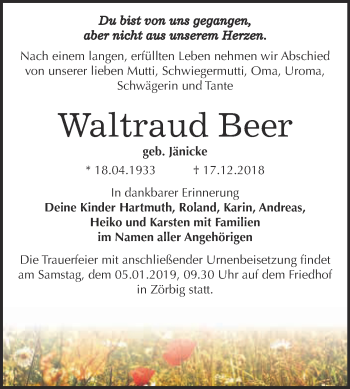 Traueranzeige von Waltraud Beer von WVG - Wochenspiegel Bitterfeld