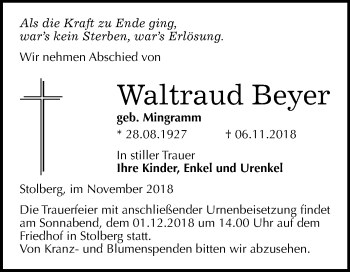 Traueranzeige von Waltraud Beyer von Super Sonntag SGH Mansf. Land