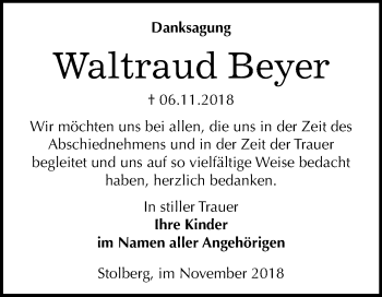 Traueranzeige von Waltraud Beyer von Mitteldeutsche Zeitung Sangerhausen