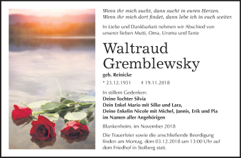 Traueranzeige von Waltraud Gremblewsky von Mitteldeutsche Zeitung Sangerhausen