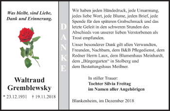 Traueranzeige von Waltraud Gremblewsky von Mitteldeutsche Zeitung Sangerhausen