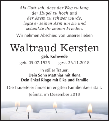 Traueranzeige von Waltraud Kernten von Mitteldeutsche Zeitung Bitterfeld