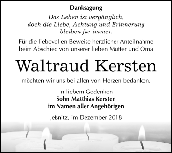 Traueranzeige von Waltraud Kersten von Mitteldeutsche Zeitung Bitterfeld