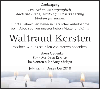 Traueranzeige von Waltraud Kersten von WVG - Wochenspiegel Bitterfeld
