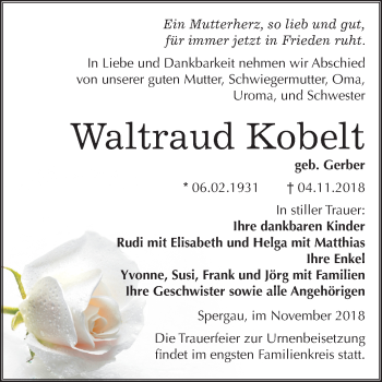 Traueranzeige von Waltraud Kobelt von Mitteldeutsche Zeitung Merseburg/Querfurt