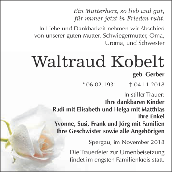 Traueranzeige von Waltraud Kobelt von Super Sonntag Merseburg