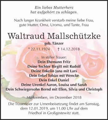 Traueranzeige von Waltraud Mallschützke von WVG - Wochenspiegel NMB / WSF / ZTZ