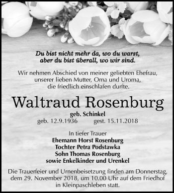 Traueranzeige von Waltraud Rosenburg von Mitteldeutsche Zeitung Köthen