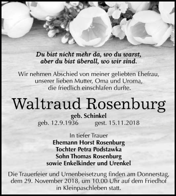 Traueranzeige von Waltraud Rosenburg von WVG - Wochenspiegel Dessau / Köthen