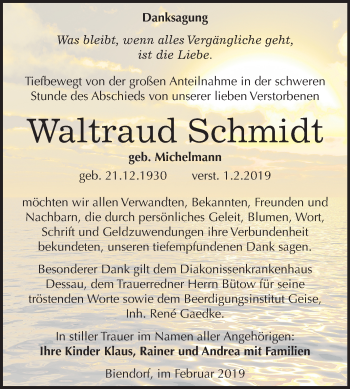 Traueranzeige von Waltraud Schmidt von Mitteldeutsche Zeitung Bernburg