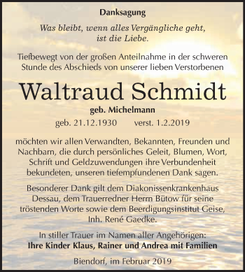 Traueranzeige von Waltraud Schmidt von Super Sonntag Bernburg