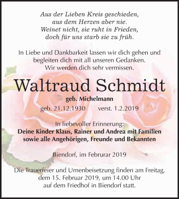 Traueranzeige von Waltraud Schmidt von Super Sonntag Bernburg