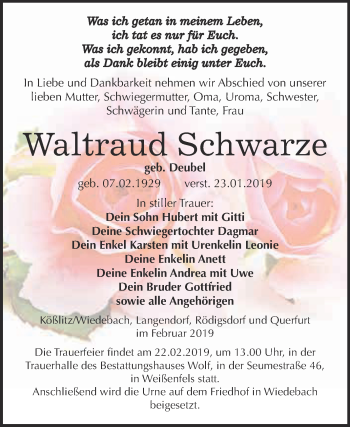 Traueranzeige von Waltraud Schwarze von WVG - Wochenspiegel NMB / WSF / ZTZ
