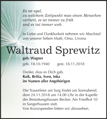 Traueranzeige von Waltraud Sprewitz von Mitteldeutsche Zeitung Sangerhausen