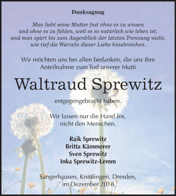 Traueranzeige von Waltraud Sprewitz von Super Sonntag SGH Mansf. Land