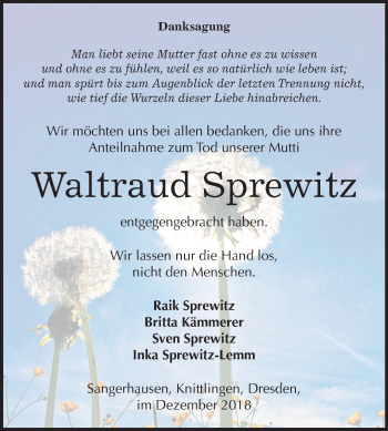 Traueranzeige von Waltraud Sprewitz von Mitteldeutsche Zeitung Sangerhausen