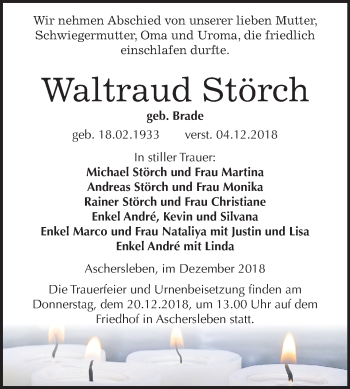 Traueranzeige von Waltraud Störch von Mitteldeutsche Zeitung Aschersleben