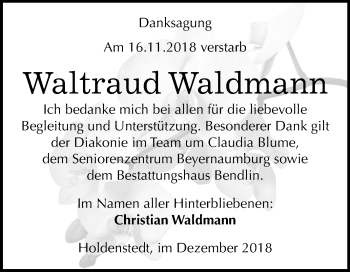 Traueranzeige von Waltraud Waldmann von Mitteldeutsche Zeitung Sangerhausen