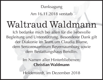 Traueranzeige von Waltraud Waldmann von Wochenspiegel Mansfelder Land