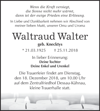 Traueranzeige von Waltraud Walter von WVG - Wochenspiegel Dessau / Köthen