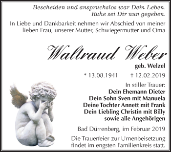 Traueranzeige von Waltraud Weber von Mitteldeutsche Zeitung Merseburg/Querfurt