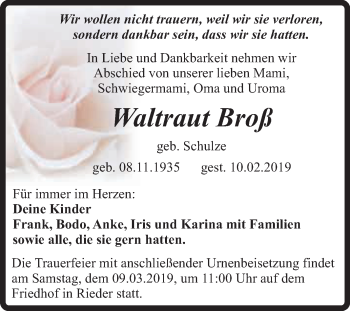 Traueranzeige von Waltraut Broß von Super Sonntag Quedlinburg